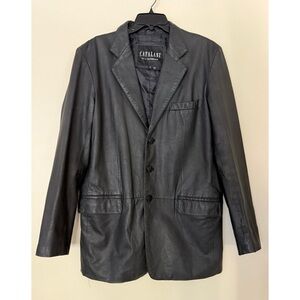 Vintage 90s Y2K Mens Leather Blazer w/ Flap Pockets Black Lightweight Size M